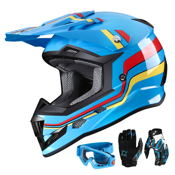GLX GX623 DOT Kids Youth ATV Off-Road Dirt Bike Motocross Motorcycle Full Face Helmet Combo Gloves Goggles for Boys & Girls (Retro Blue, X-Large)