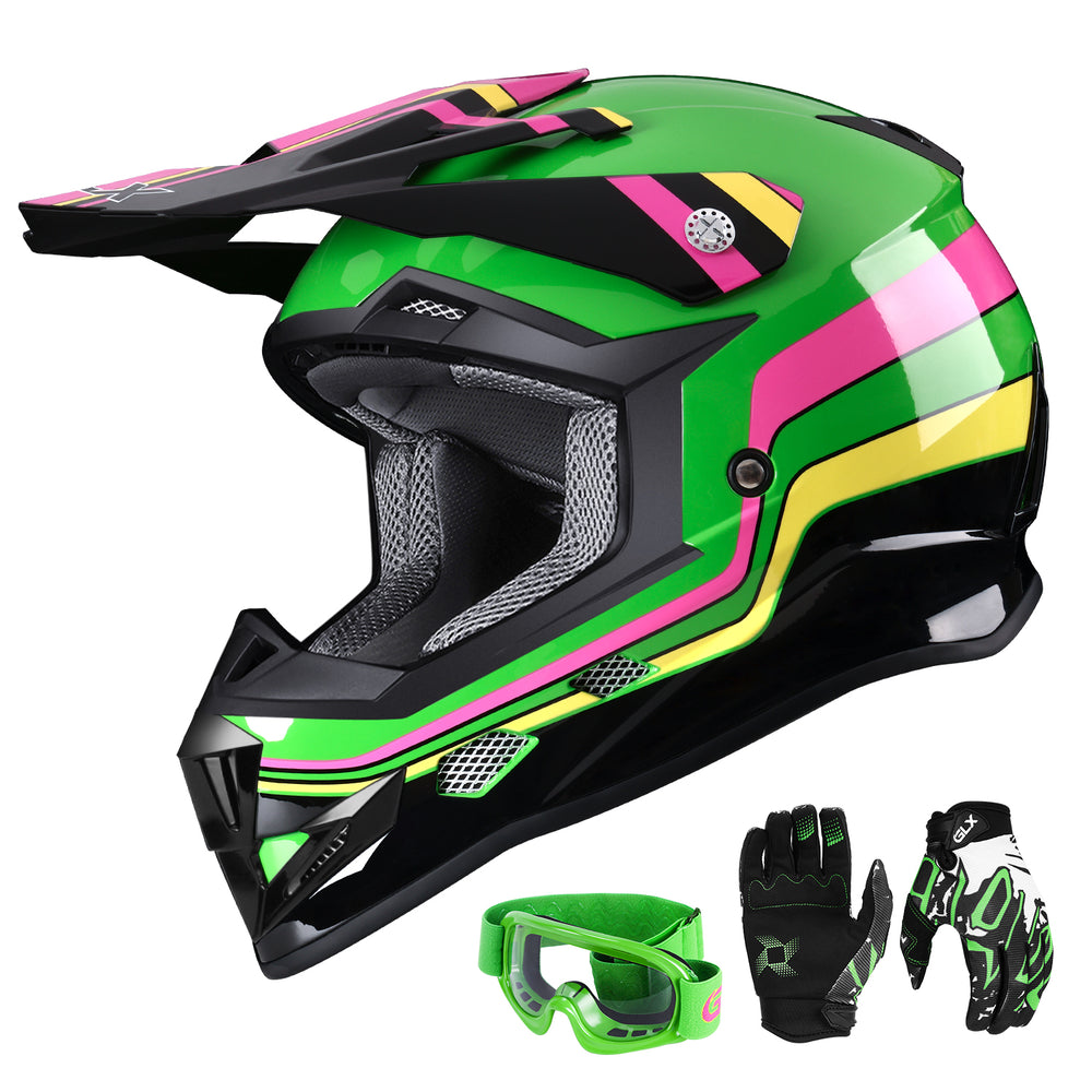 black and green motorcycle helmet GLX GX623 Youth ATV/Dirt Bike Helmet Combo – GLX® Helmets